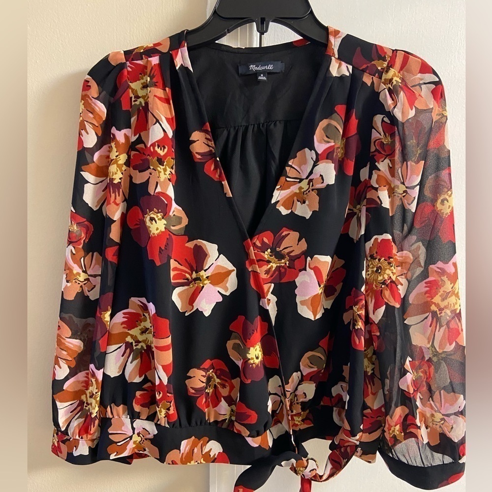 Madewell black floral crossover tie front blouse. Medium